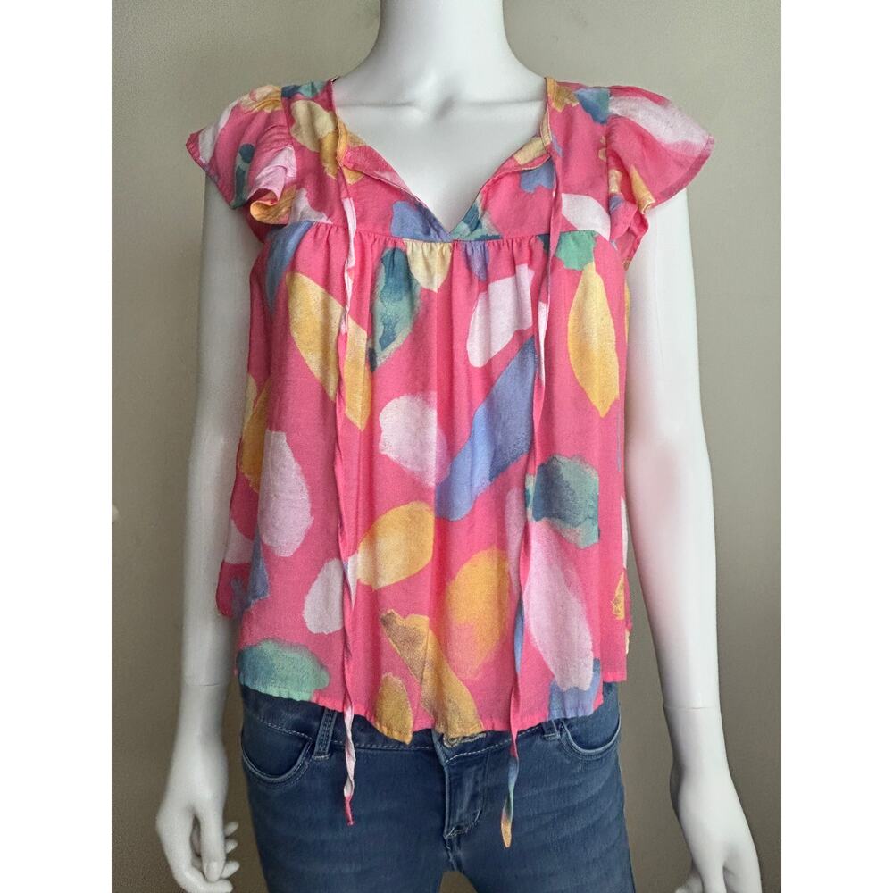 Mine Pink Print Flutter Sleeve Keyhole Tie Pullover Blouse Women Small NWOT